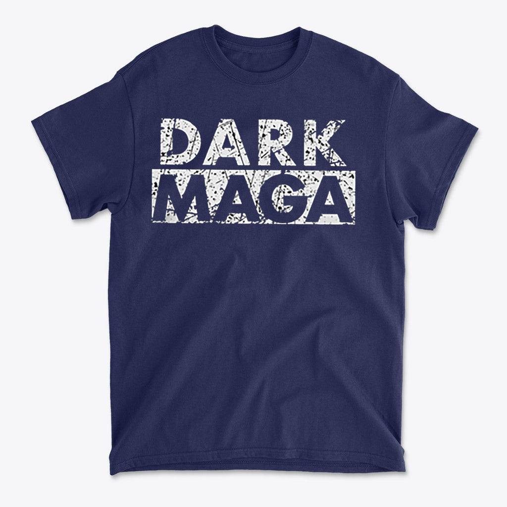 Dark MAGA Aesthetic Design Gear navy blue t-shirt featuring distressed text design.