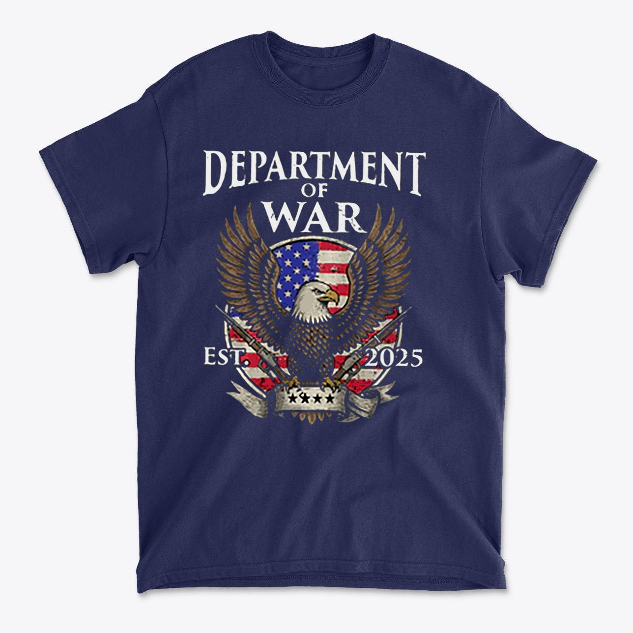 Department Of War Graphic Design navy t-shirt featuring eagle design and American flag.