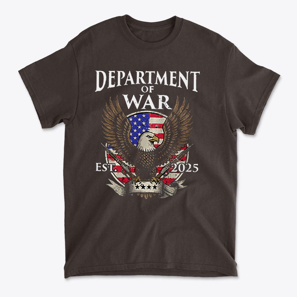Department Of War Graphic Design t-shirt featuring an eagle and patriotic emblem, established 2025.