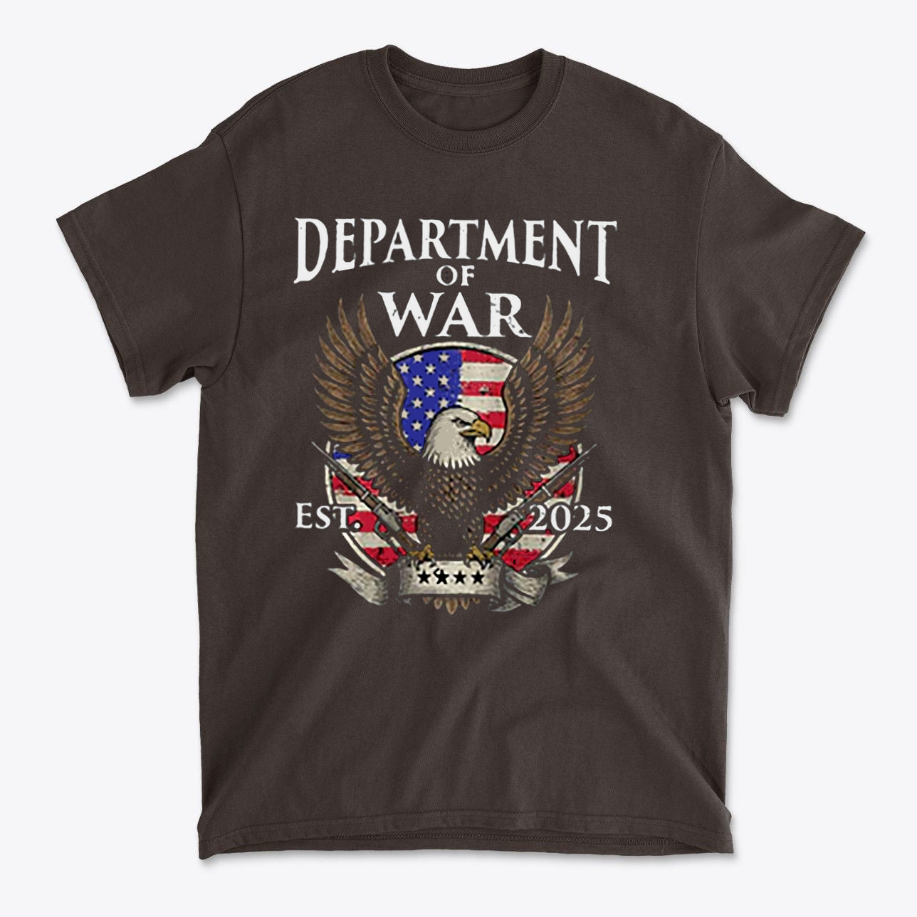 Department Of War Graphic Design t-shirt featuring an eagle and patriotic emblem, established 2025.