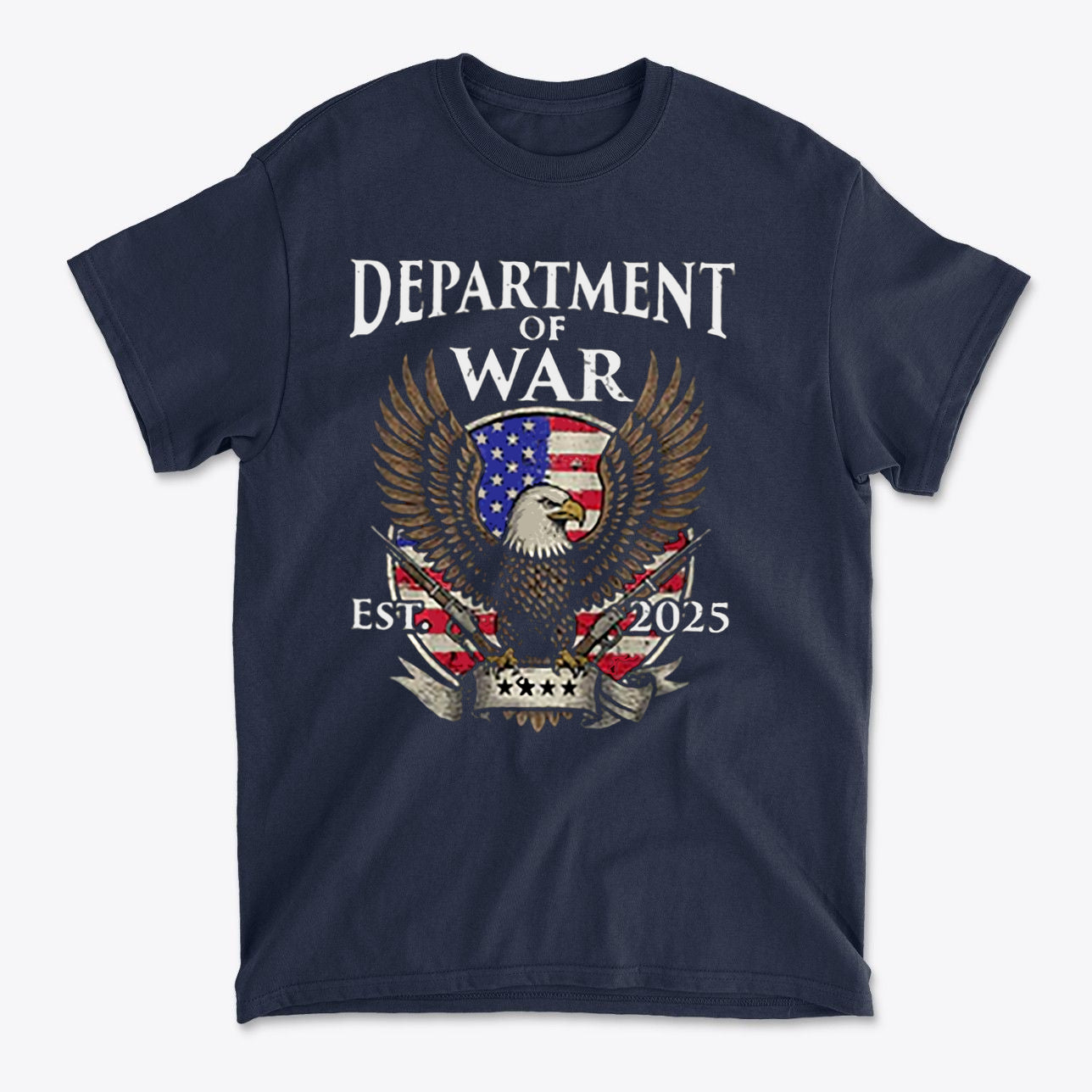 Navy t-shirt featuring Department Of War Graphic Design with eagle and American flag, established 2025.