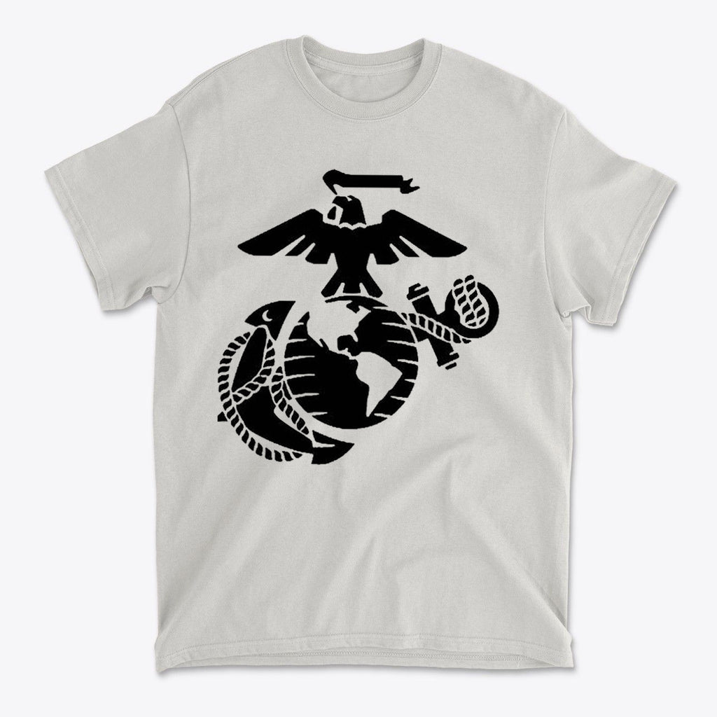 USMC Eagle Globe Graphic Design on a premium gray t-shirt, showcasing a patriotic military theme.