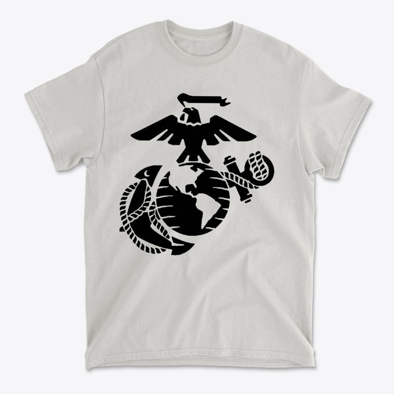 USMC Eagle Globe Graphic Design on a premium gray t-shirt, showcasing a patriotic military theme.