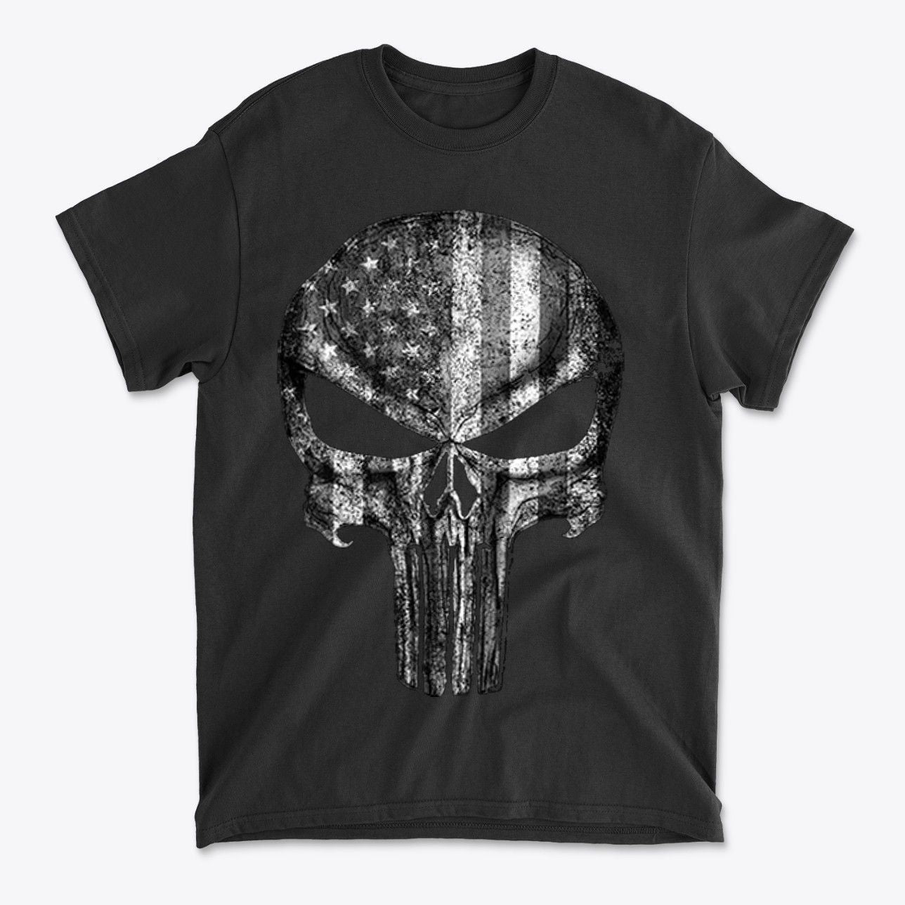 Punisher American Flag BW Graphic black t-shirt featuring a skull design with an American flag pattern.