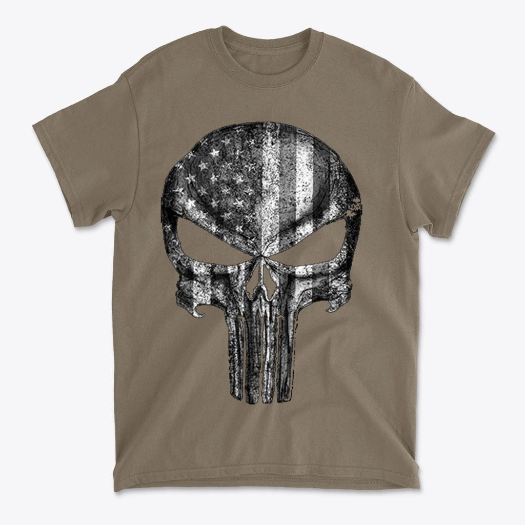 Punisher American Flag BW Graphic featuring a skull design with American flag colors on a t-shirt.