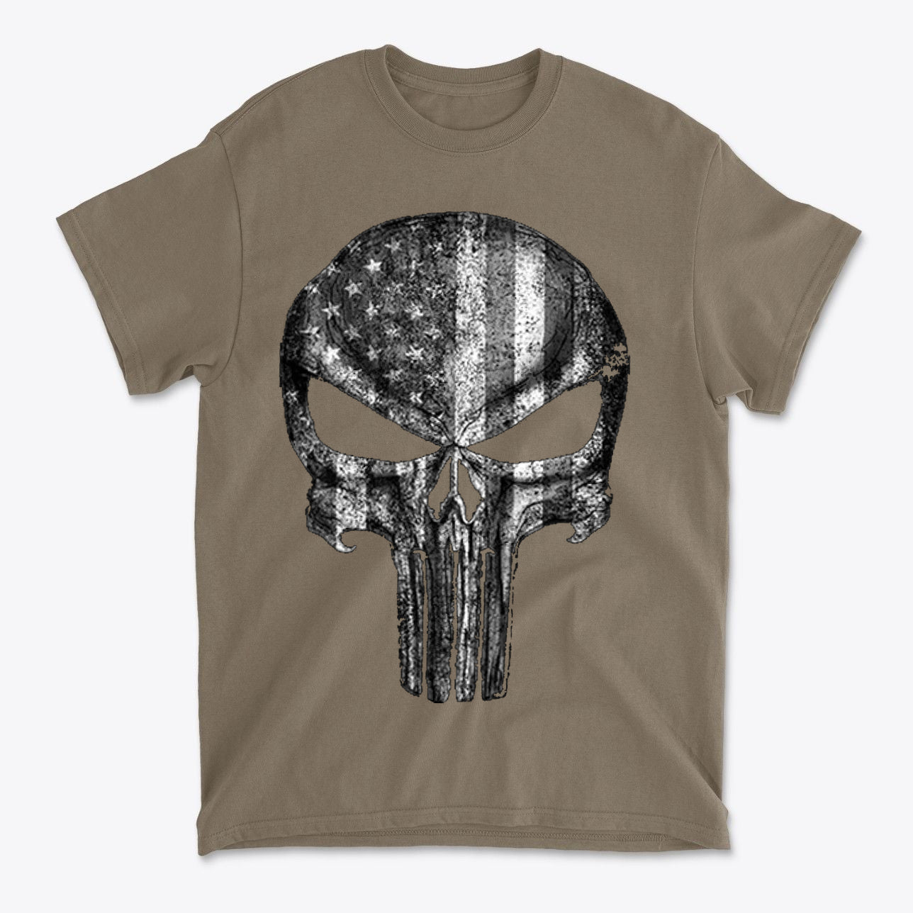 Punisher American Flag BW Graphic featuring a skull design with American flag colors on a t-shirt.