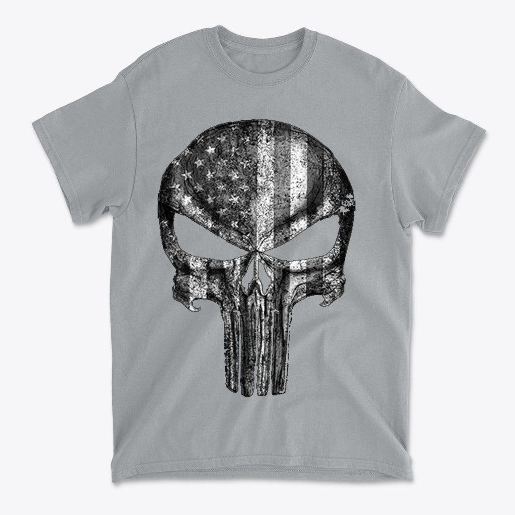 Punisher American Flag BW Graphic on a gray t-shirt featuring a bold skull design with an American flag.