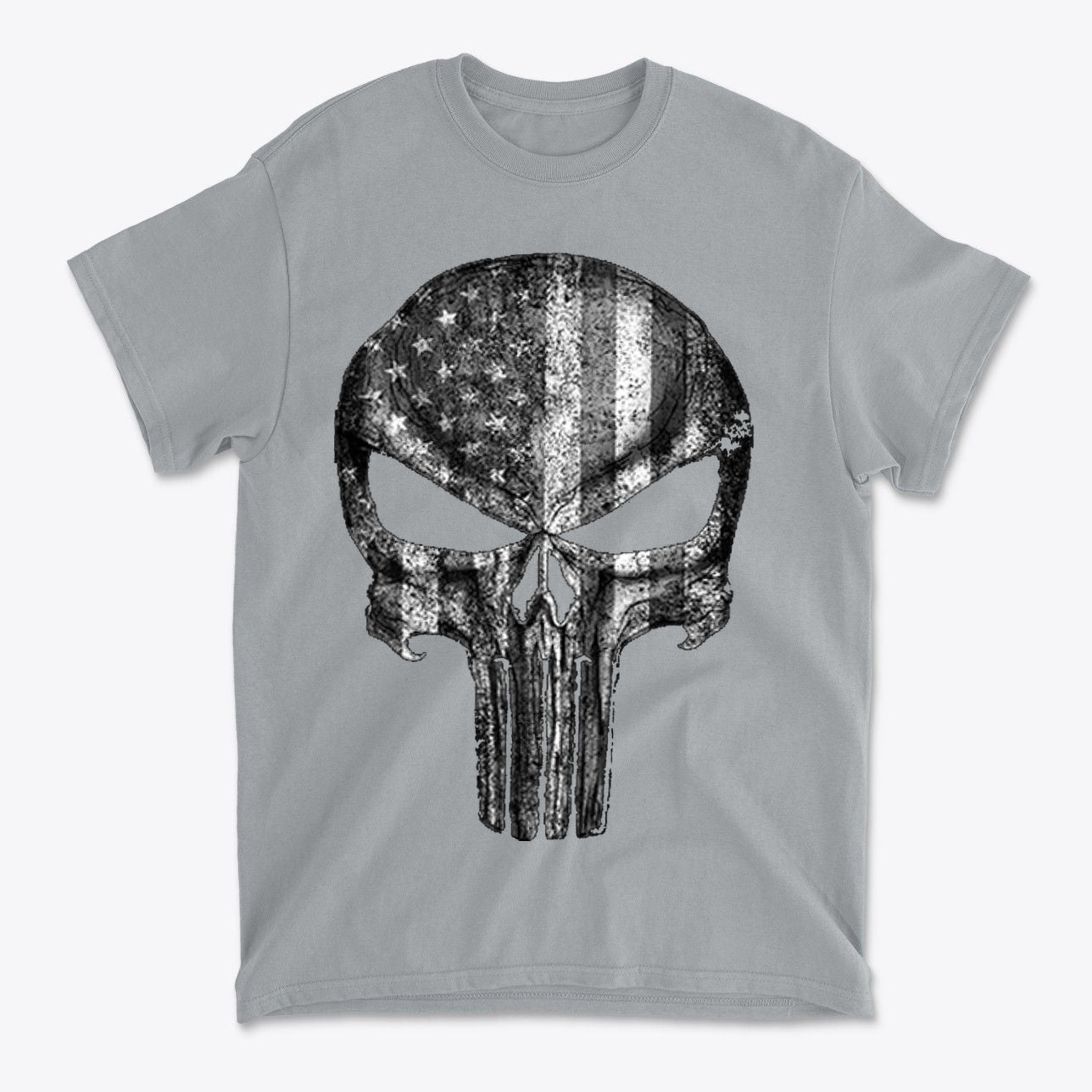 Punisher American Flag BW Graphic on a gray t-shirt featuring a bold skull design with an American flag.