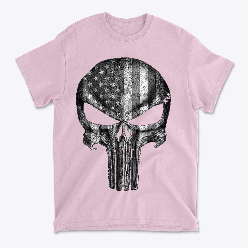 Punisher American Flag BW Graphic on a pink t-shirt, featuring a skull design with an American flag pattern.