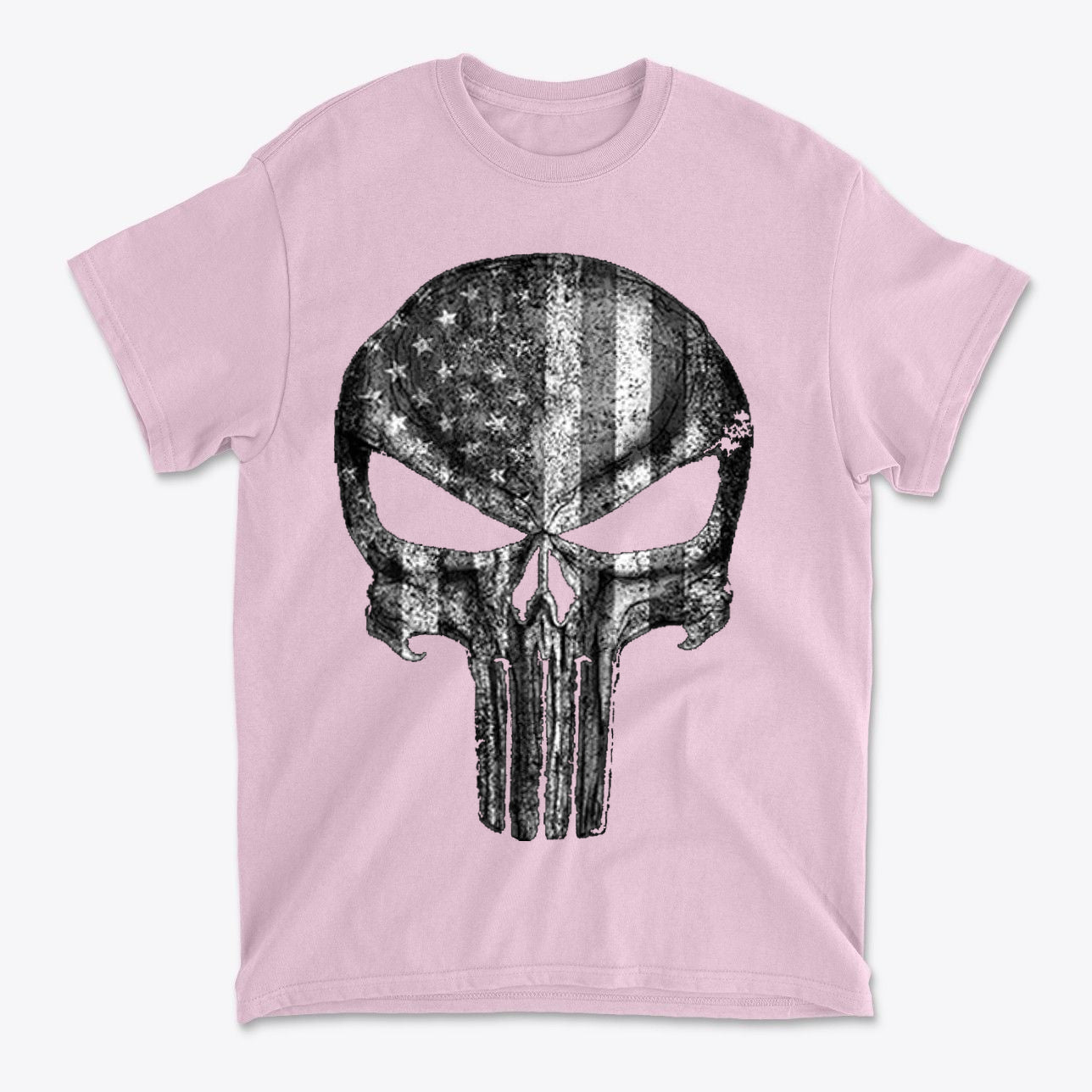 Punisher American Flag BW Graphic on a pink t-shirt, featuring a skull design with an American flag pattern.