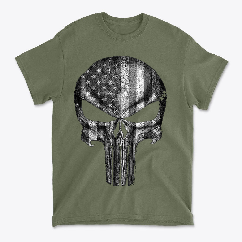Punisher American Flag BW Graphic features a distressed skull design with an American flag pattern on a green t-shirt.