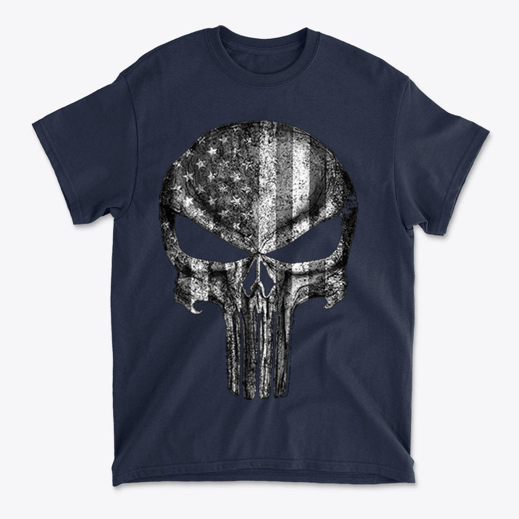 Punisher American Flag BW Graphic on a navy blue t-shirt featuring a distressed skull design.