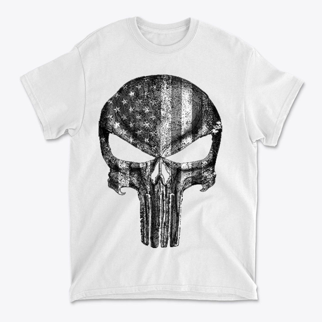 Punisher American Flag BW Graphic on a white t-shirt featuring a skull design with an American flag pattern.