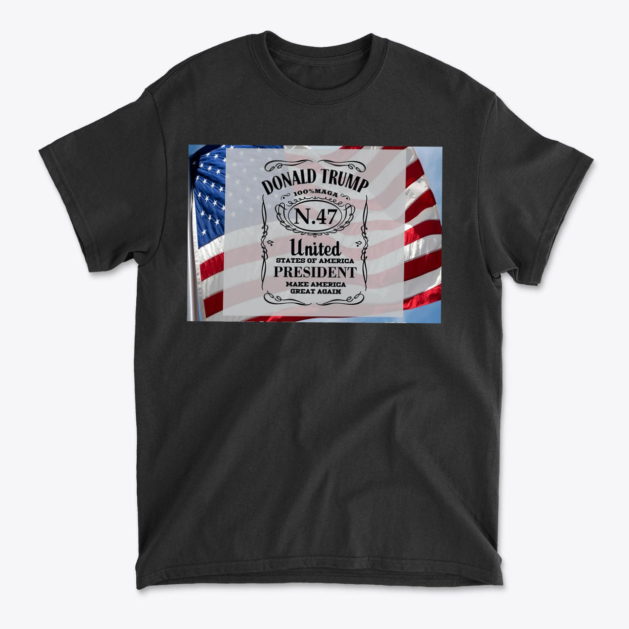 Donald Trump Number 47 Graphic on a black t-shirt with American flags background, showcasing patriotic values.