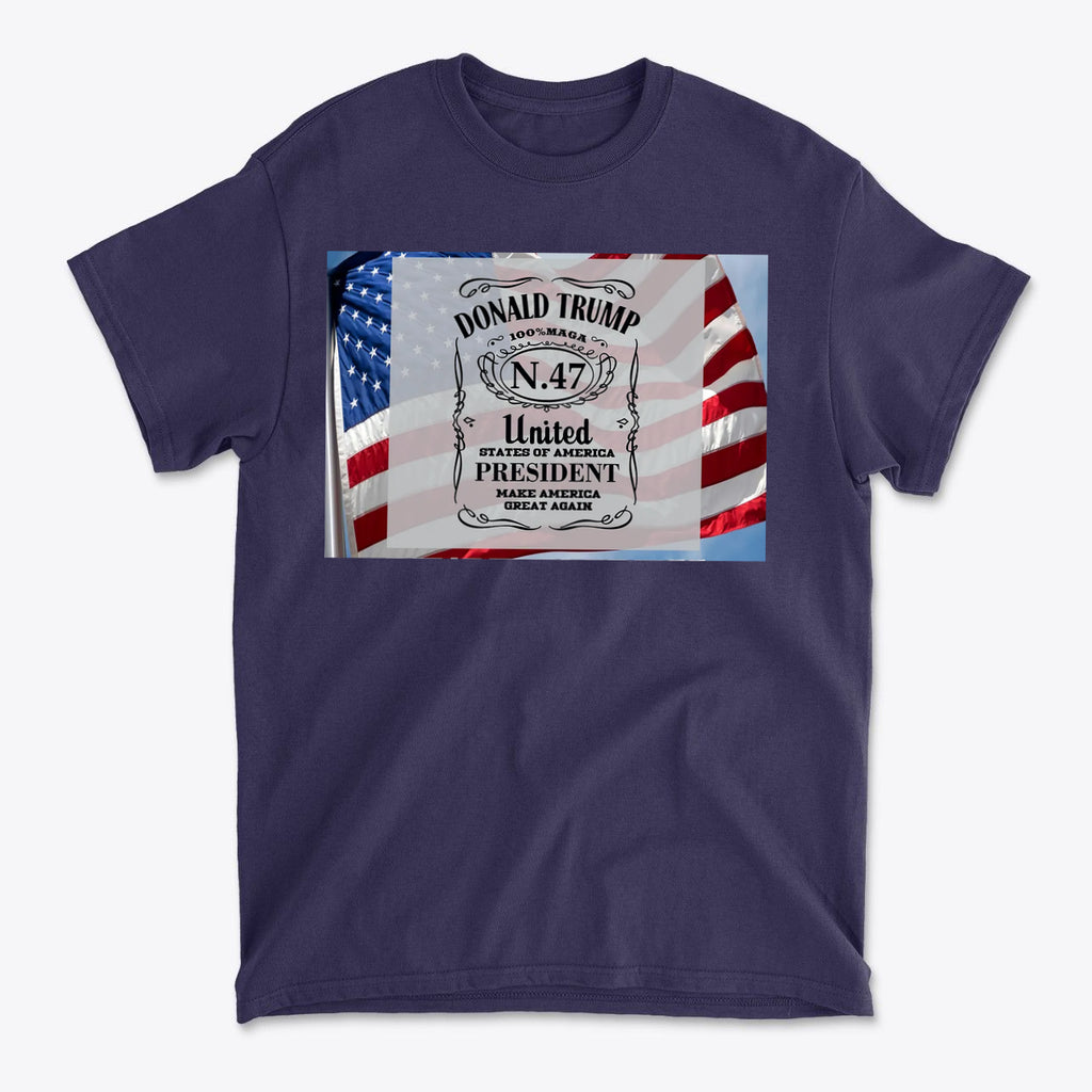 Donald Trump Number 47 Graphic t-shirt featuring American flags and patriotic design.