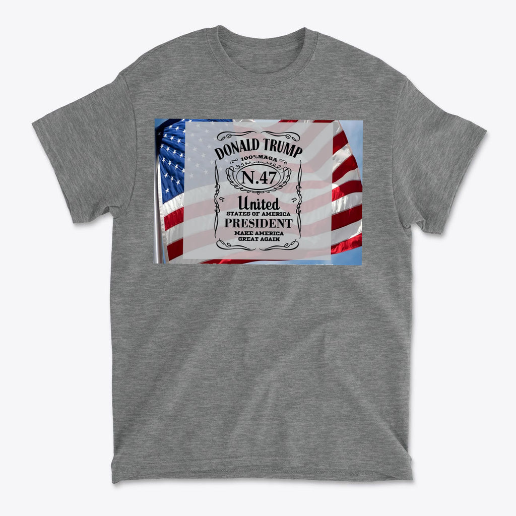 Donald Trump Number 47 Graphic t-shirt featuring American flags and a patriotic design.
