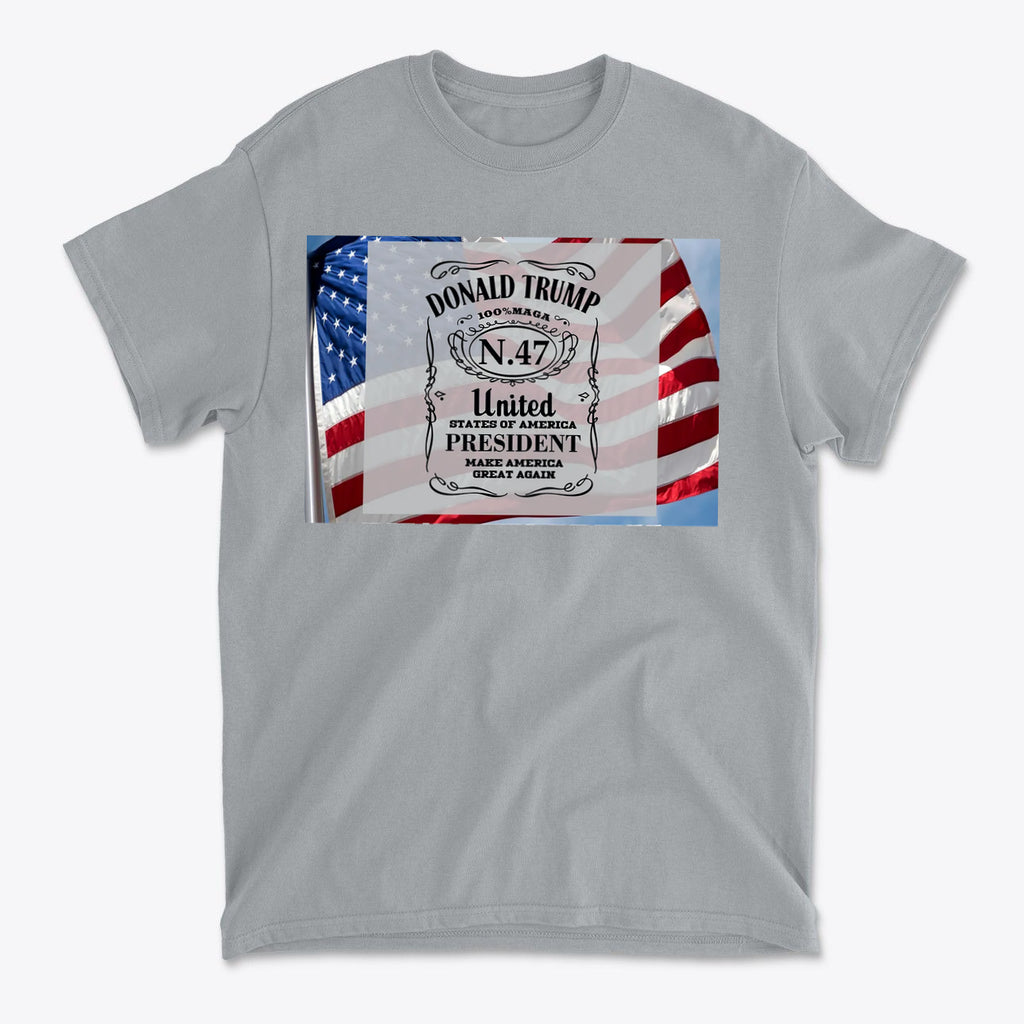 Donald Trump Number 47 Graphic t-shirt featuring patriotic design with flags.