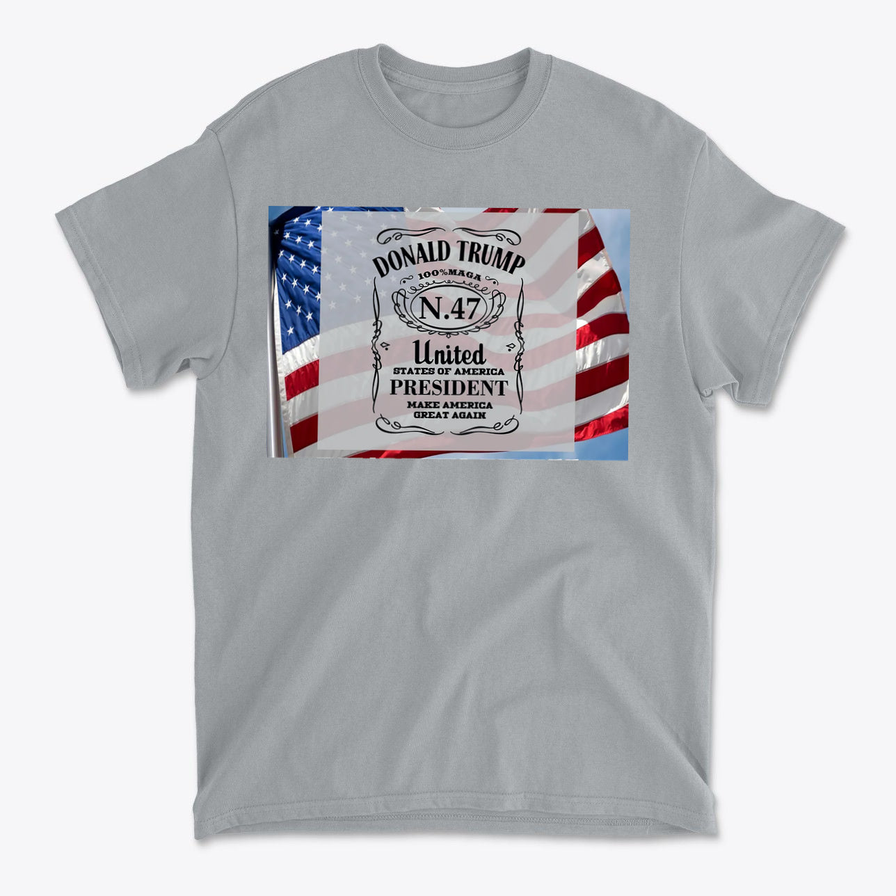Donald Trump Number 47 Graphic t-shirt featuring patriotic design with flags.