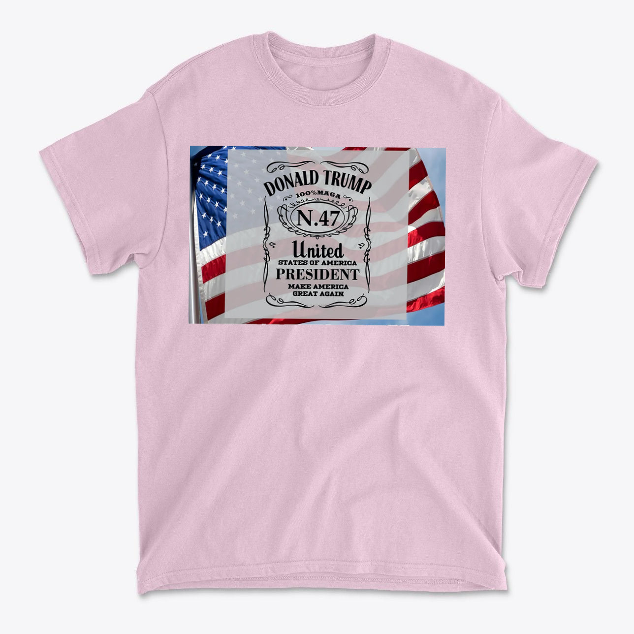 Donald Trump Number 47 Graphic on a pink t-shirt with American flag background.