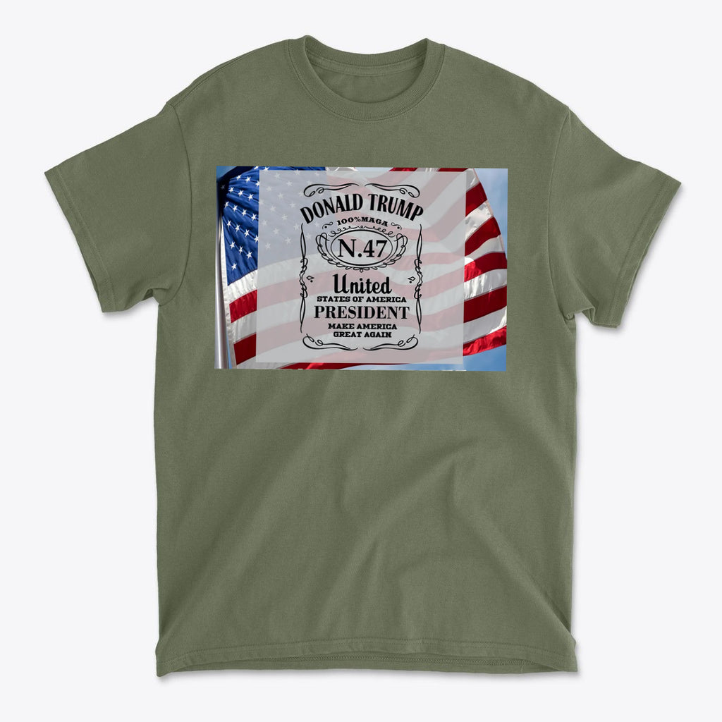 Donald Trump Number 47 Graphic on olive green t-shirt with American flag design.