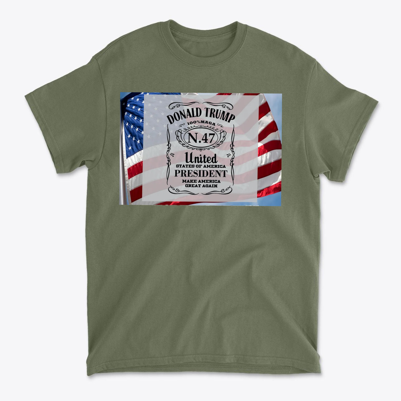 Donald Trump Number 47 Graphic on olive green t-shirt with American flag design.