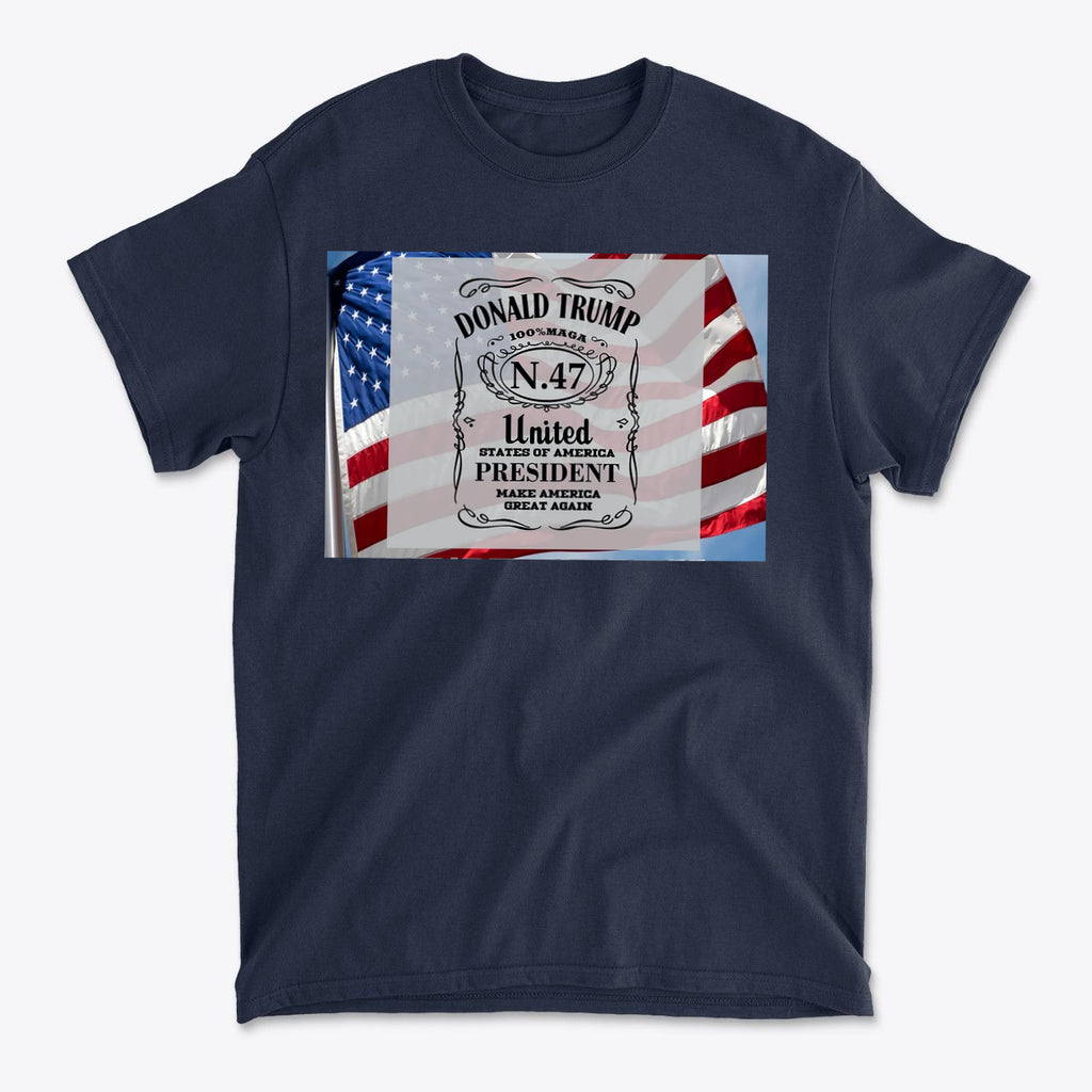 Donald Trump Number 47 Graphic on navy t-shirt with American flags in the background.