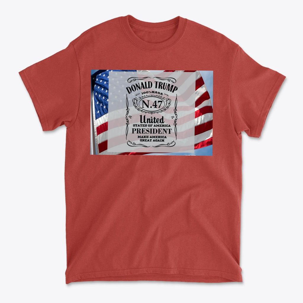 Donald Trump Number 47 Graphic t-shirt featuring patriotic design and American flags.