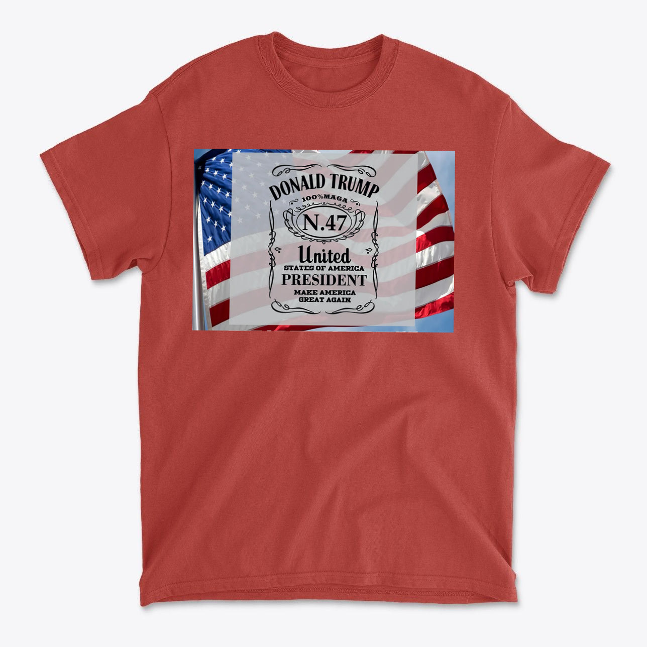 Donald Trump Number 47 Graphic t-shirt featuring patriotic design and American flags.