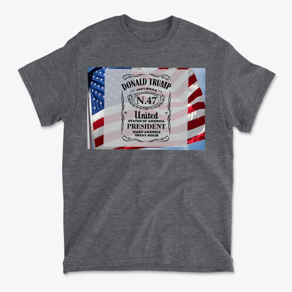 Donald Trump Number 47 Graphic on a gray t-shirt with American flag design.