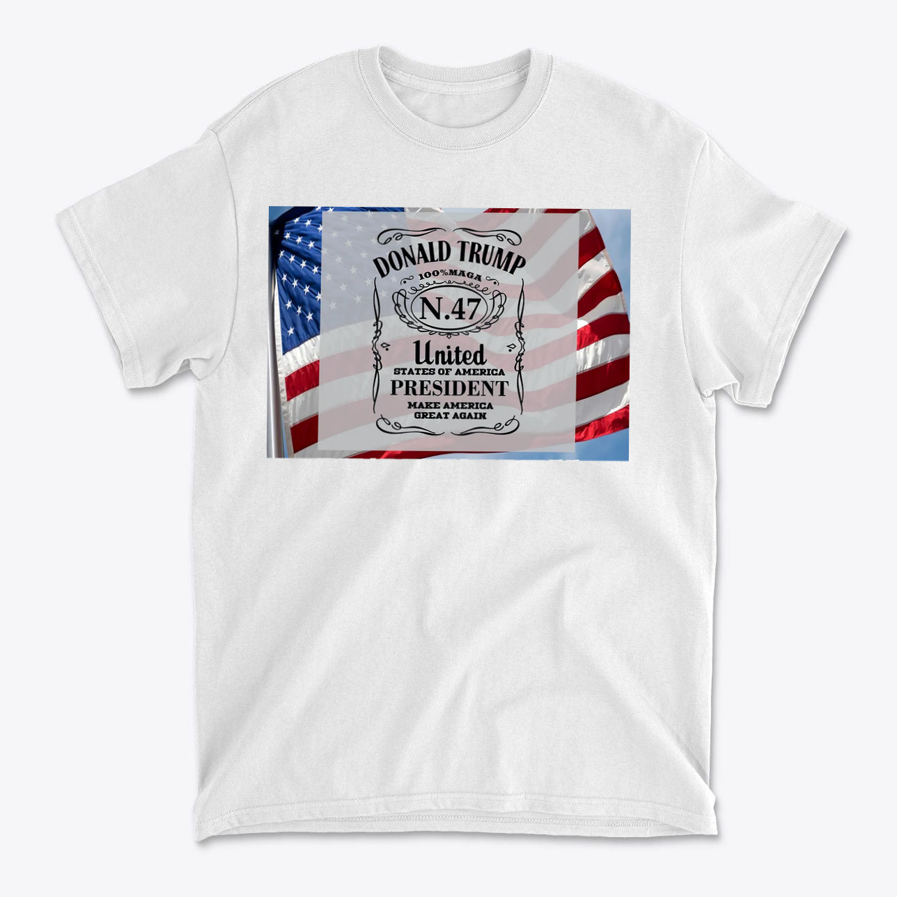 Donald Trump Number 47 Graphic on a white t-shirt with American flags in the background.