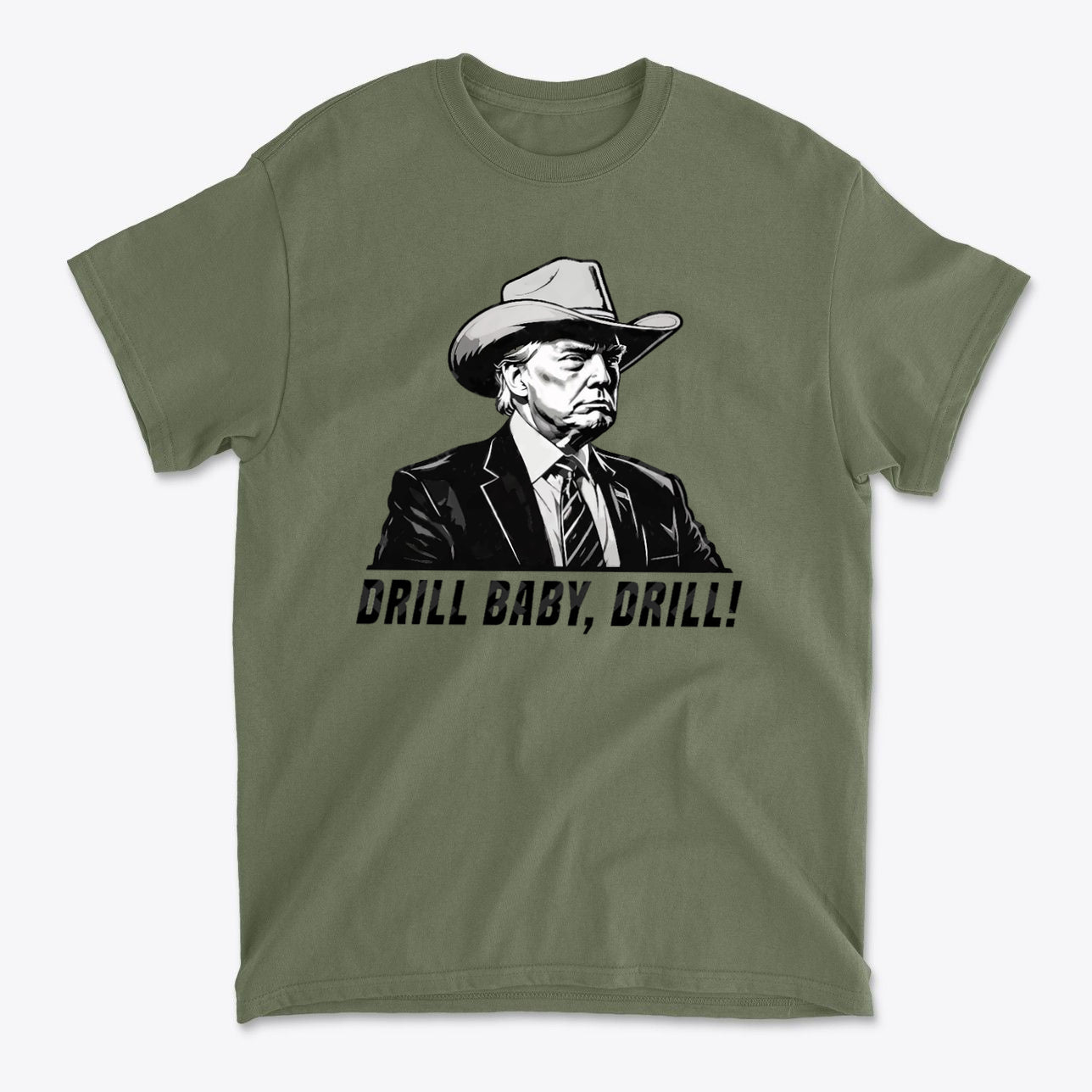 Drill Baby Drill Patriotic Graphic Tee featuring a cowboy hat graphic and the slogan 'DRILL BABY, DRILL!'