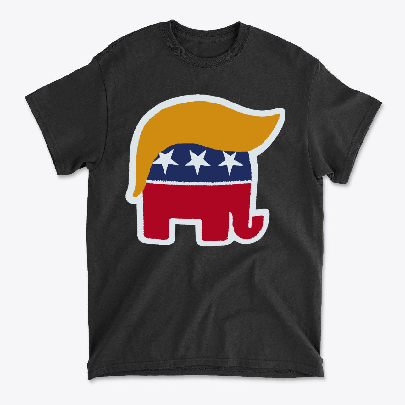 GOP Symbol with Hair Vintage Shirt featuring a stylized elephant design with blonde hair and patriotic colors.