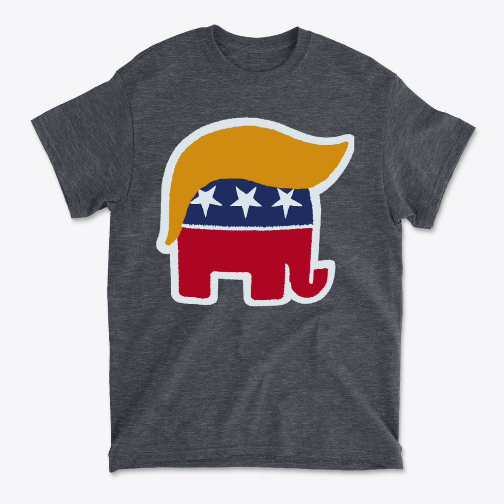 GOP Symbol with Hair Vintage Shirt showcasing Republican elephant with blonde hair and stars on a grey t-shirt.