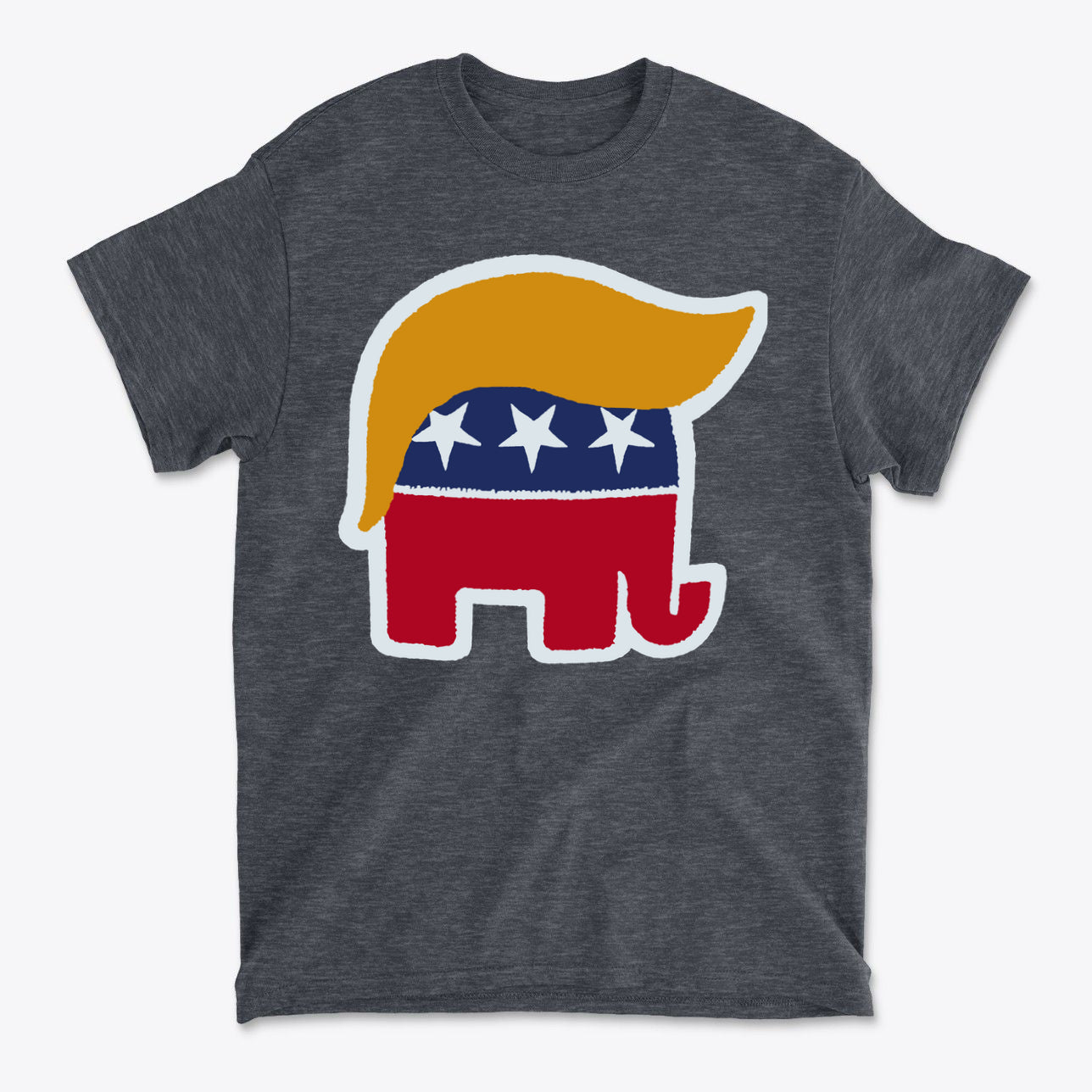 GOP Symbol with Hair Vintage Shirt showcasing Republican elephant with blonde hair and stars on a grey t-shirt.