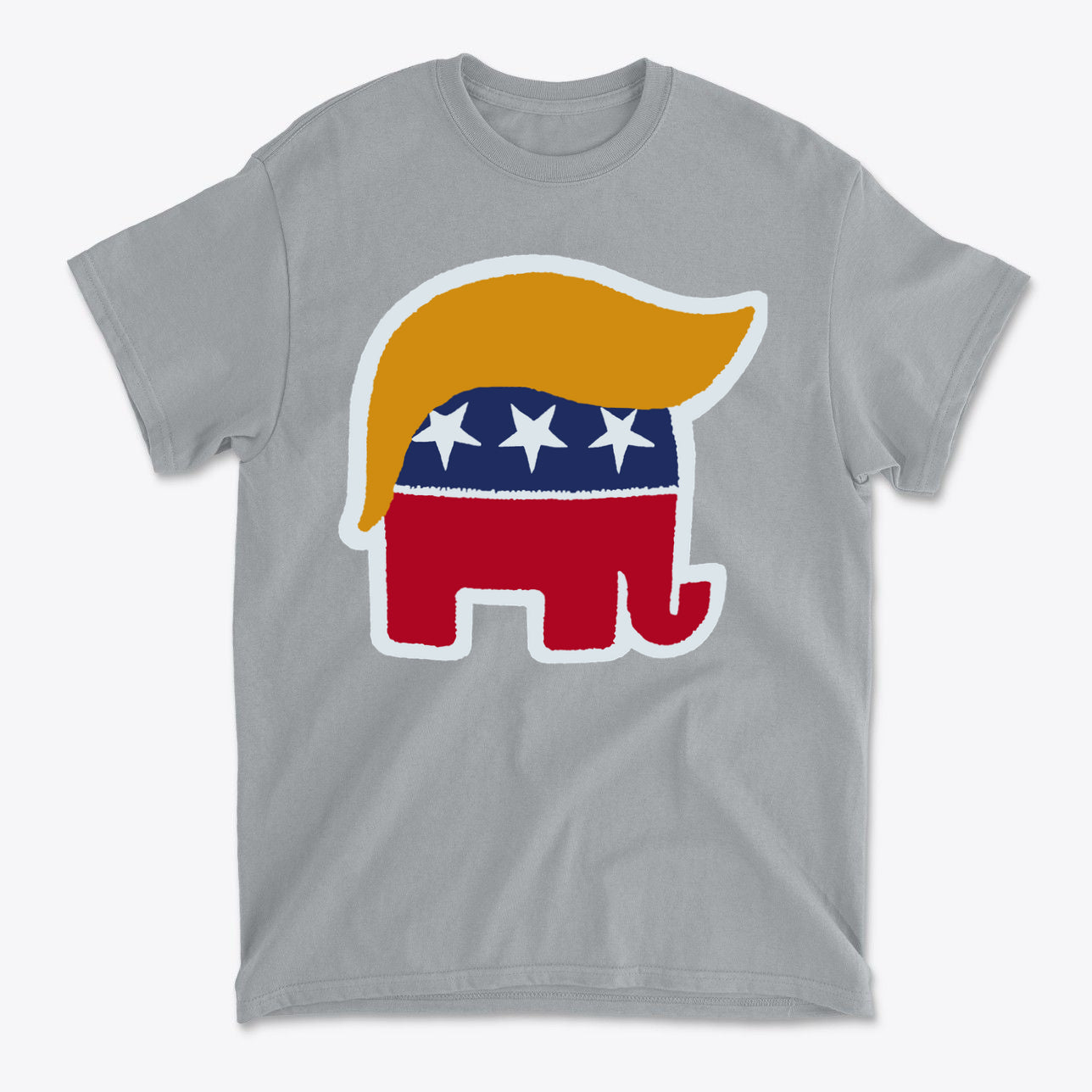 GOP Symbol with Hair Vintage Shirt featuring a Republican elephant with blonde hair and patriotic colors.