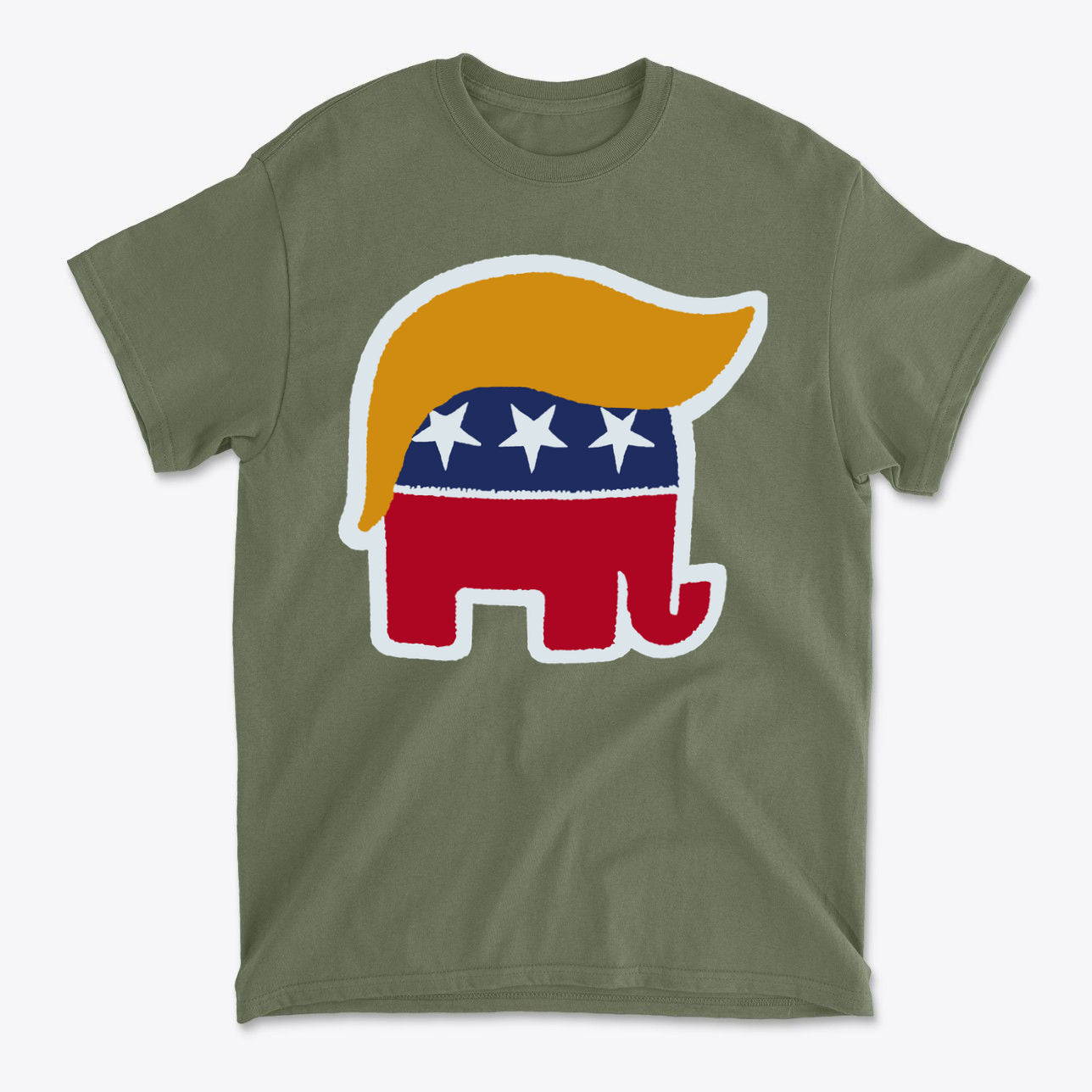 GOP Symbol with Hair Vintage Shirt featuring a Republican elephant design with blonde hair on a green background.