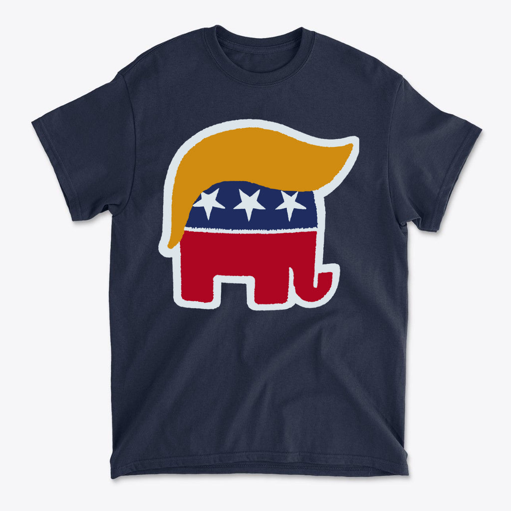 GOP Symbol with Hair Vintage Shirt featuring classic Republican elephant with iconic blonde hair and stars design.