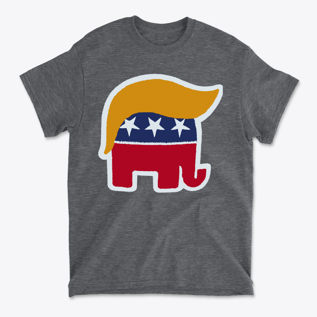 GOP Symbol with Hair Vintage Shirt featuring a Republican elephant with blonde hair and patriotic colors.