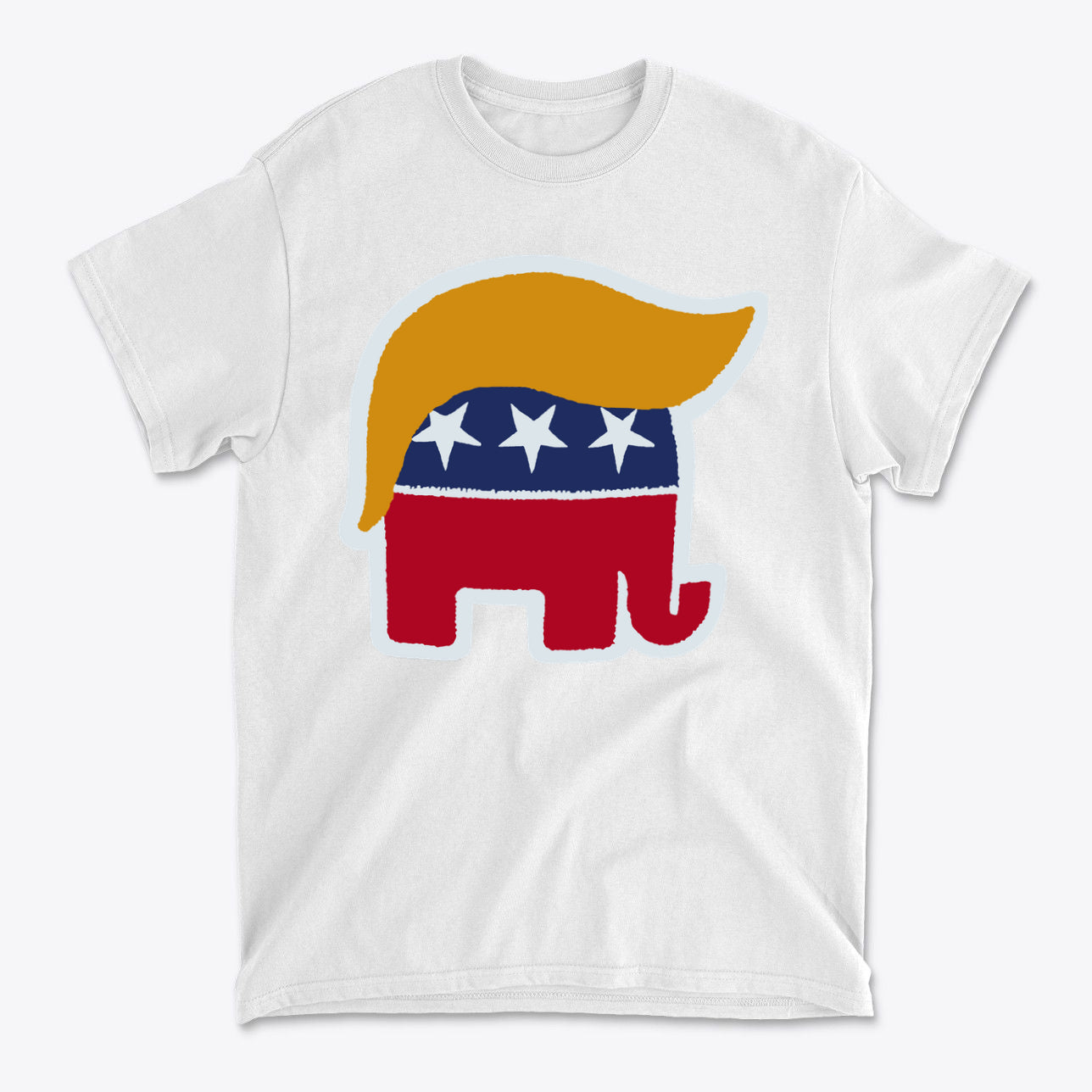 GOP Symbol with Hair Vintage Shirt featuring Republican elephant design with blonde hair and patriotic colors.