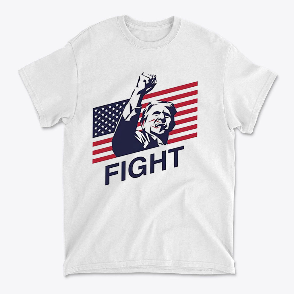 Fight Bold American Pride Graphic t-shirt featuring patriotic design with American flag and raised fist.