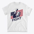 Fight Bold American Pride Graphic t-shirt featuring patriotic design with American flag and raised fist.