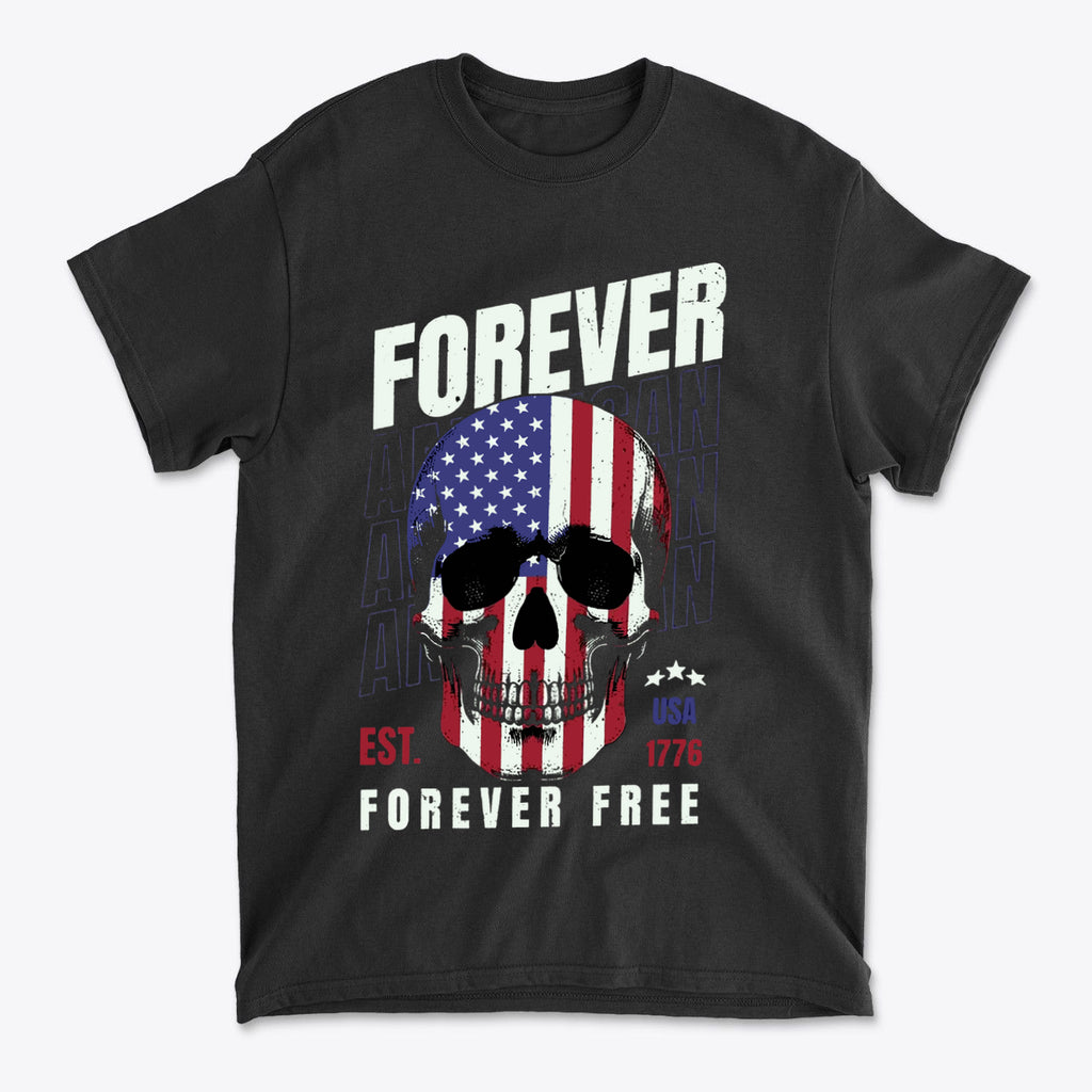 Forever Free American Pride Shirt featuring a skull design with American flag colors and established 1776.