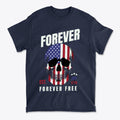 Forever Free American Pride Shirt featuring a skull design with American flag elements and patriotic text.