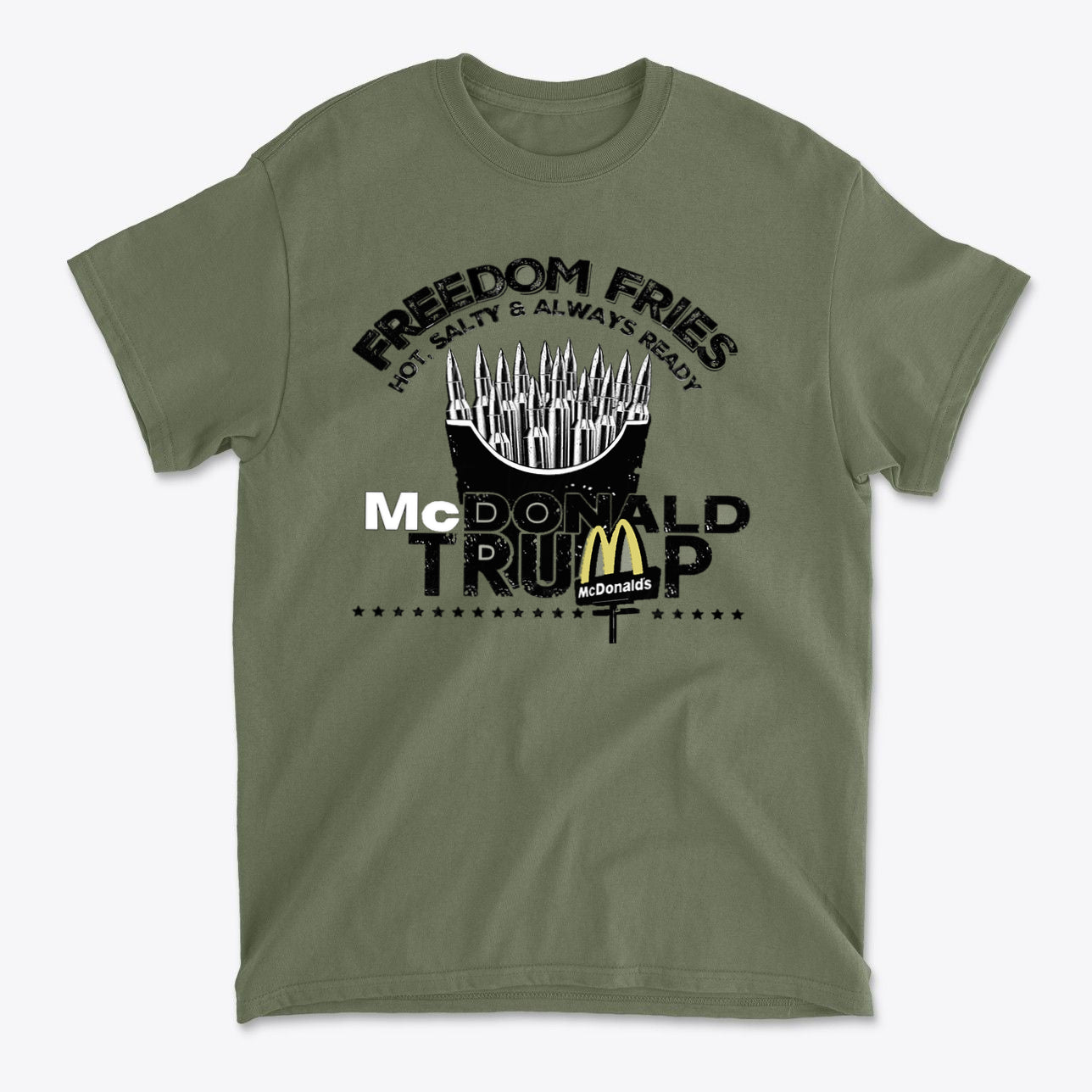 Freedom Fries Custom Art Graphic t-shirt featuring bold graphics and a patriotic theme on an olive green background.