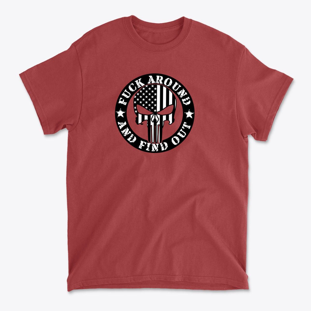 Fuck Around Find Out Graphic Tee featuring a bold graphic and patriotic design on a red t-shirt.