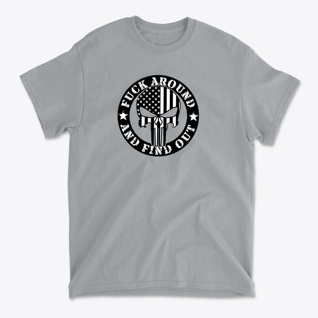 Fuck Around Find Out Graphic Tee featuring a bold design with a graphic emblem and American flag.
