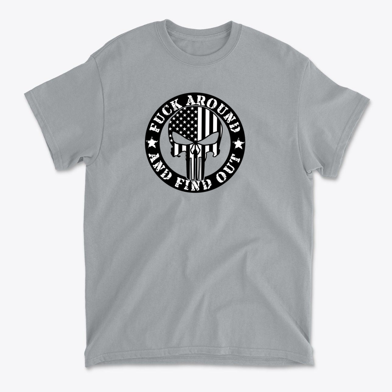 Fuck Around Find Out Graphic Tee featuring a bold design with a graphic emblem and American flag.