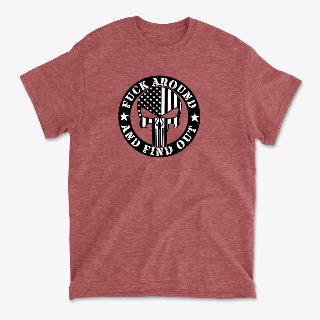 Fuck Around Find Out Graphic Tee featuring a bold design on a maroon background.