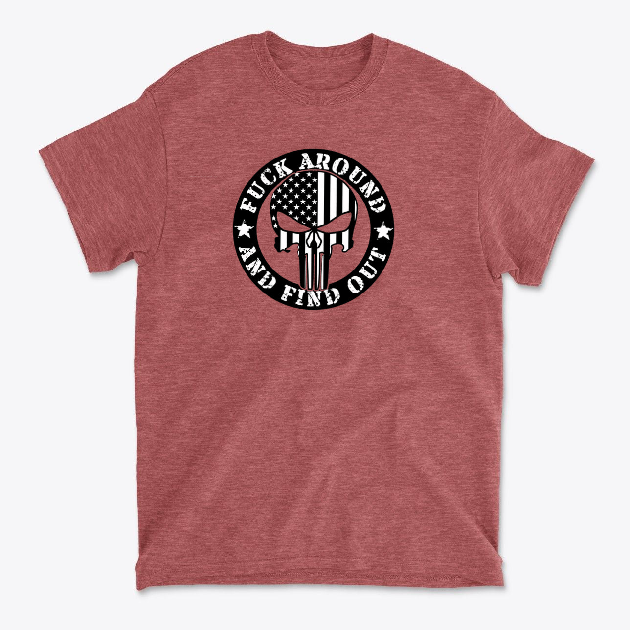 Fuck Around Find Out Graphic Tee featuring a bold design on a maroon background.
