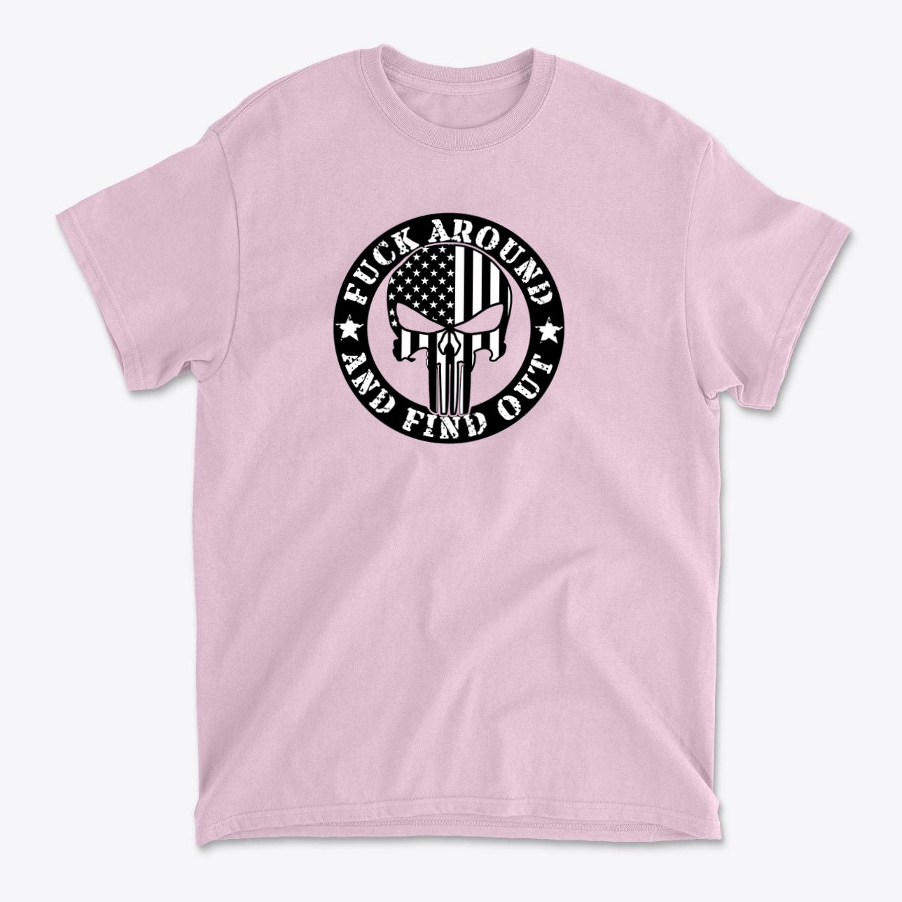 Fuck Around Find Out Graphic Tee featuring a bold graphic design on a pink shirt.